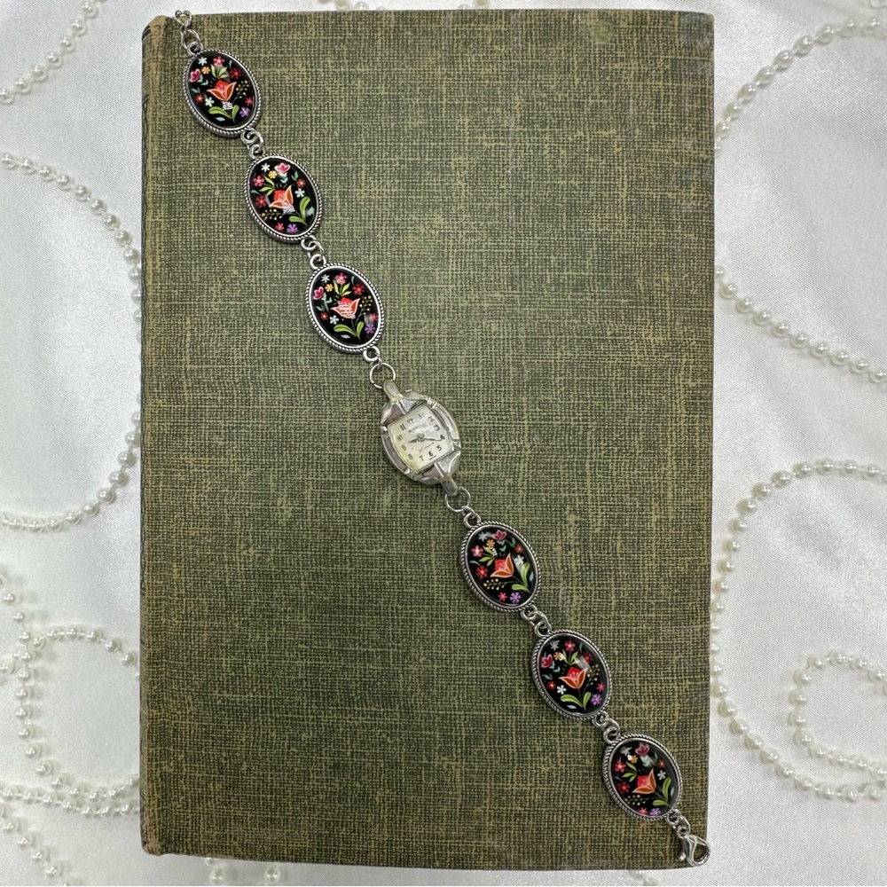 Black Floral Chain Bracelet with Vintage Silver 10k RGP Watch